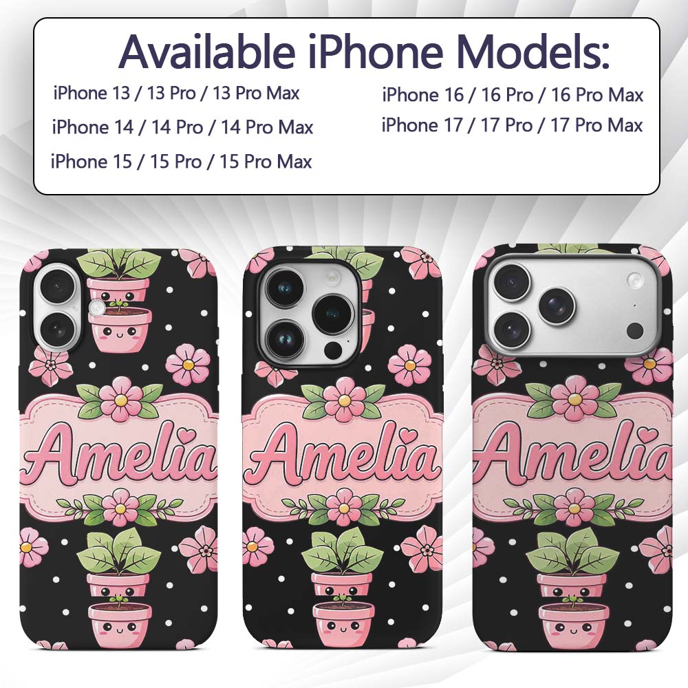 Cute Kawaii Pink Flower Pot Smiling Face Floral Custom Name Protective Phone Case Mobile Cover Durable Everyday Smartphone Shock Resistant