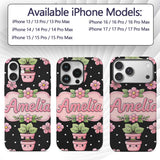 Cute Kawaii Pink Flower Pot Smiling Face Floral Custom Name Protective Phone Case Mobile Cover Durable Everyday Smartphone Shock Resistant