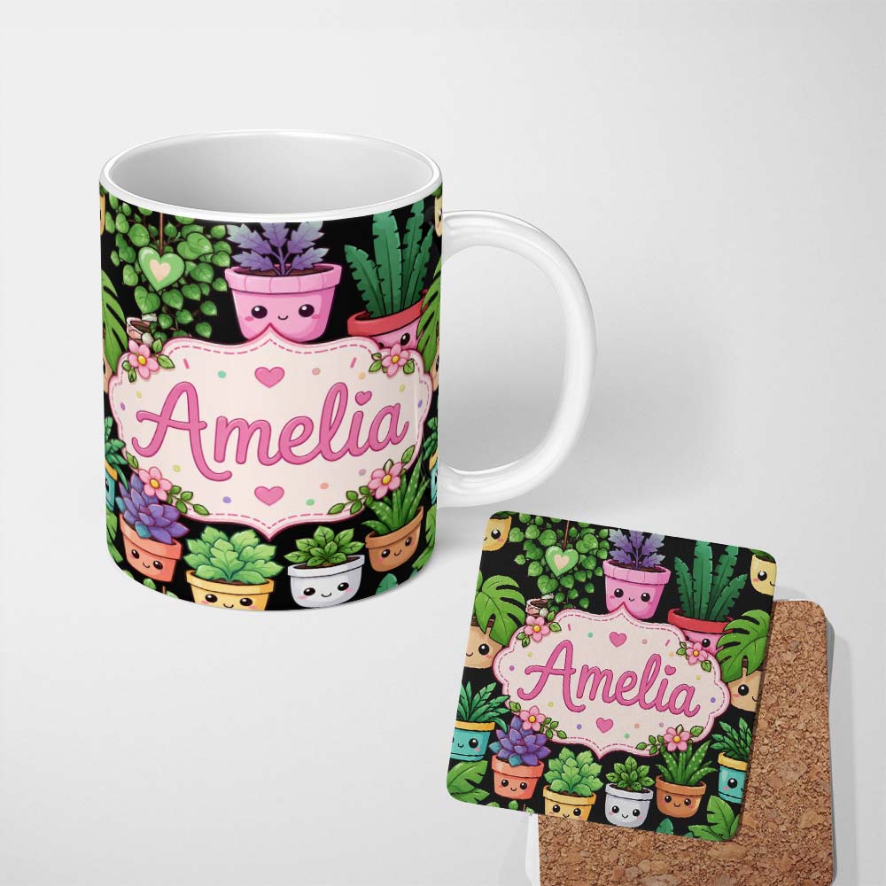 Personalized Custom Name Cute Kawaii Assorted Indoor Plants Smiling Pots Seamless Pattern 11oz Ceramic Coffee Tea Mug White Large Handle