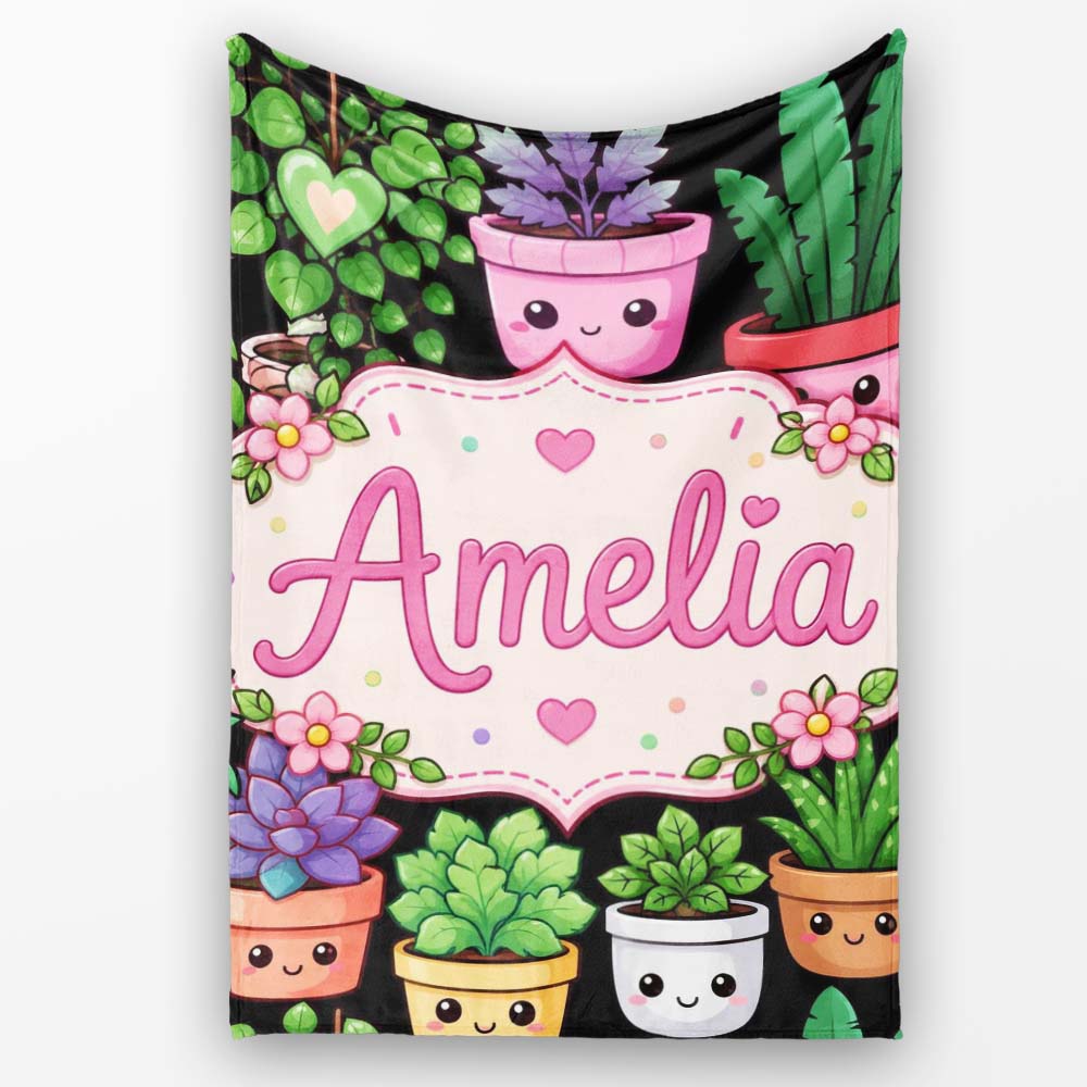 Cute Kawaii Assorted Indoor Plants Smiling Pots Seamless Pattern  Personalised Custom Name Super Soft Fleece Blanket Bed Sofa Throw