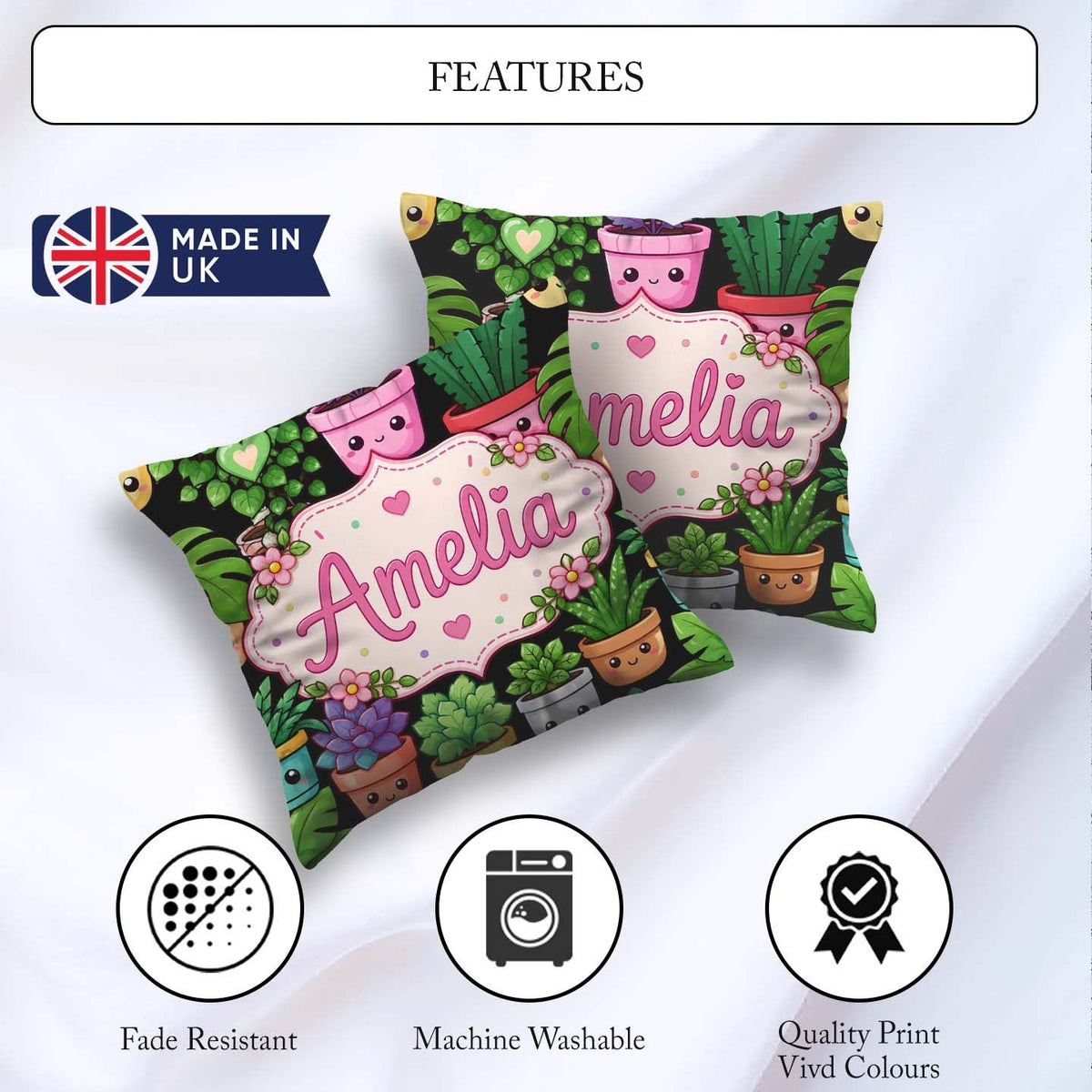 Custom Name Kawaii Assorted Indoor Smiling Pots Seamless Pattern Square Filled Cushion Throw Pillow Sofa Bed Home Decor Zip Washable UK Made