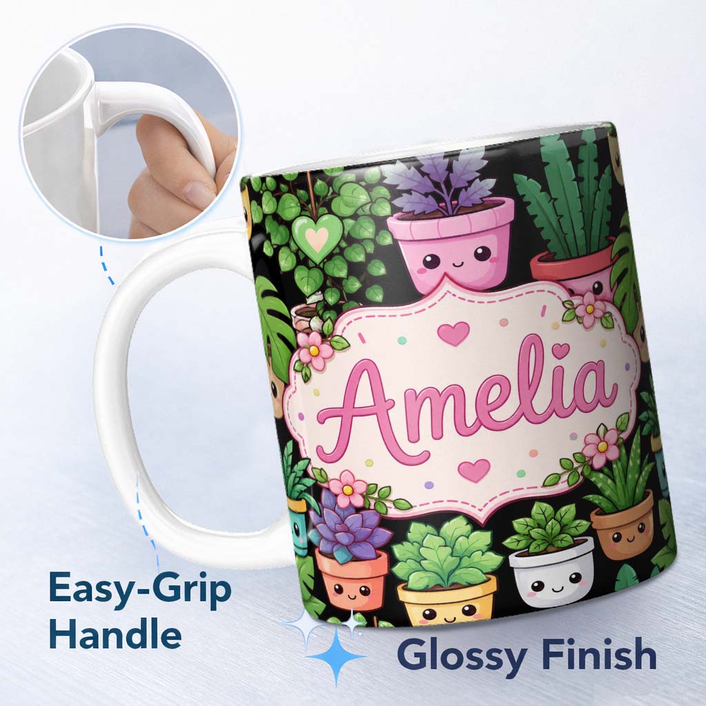 Personalized Custom Name Cute Kawaii Assorted Indoor Plants Smiling Pots Seamless Pattern 11oz Ceramic Coffee Tea Mug White Large Handle