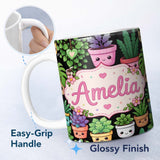 Personalized Custom Name Cute Kawaii Assorted Indoor Plants Smiling Pots Seamless Pattern 11oz Ceramic Coffee Tea Mug White Large Handle