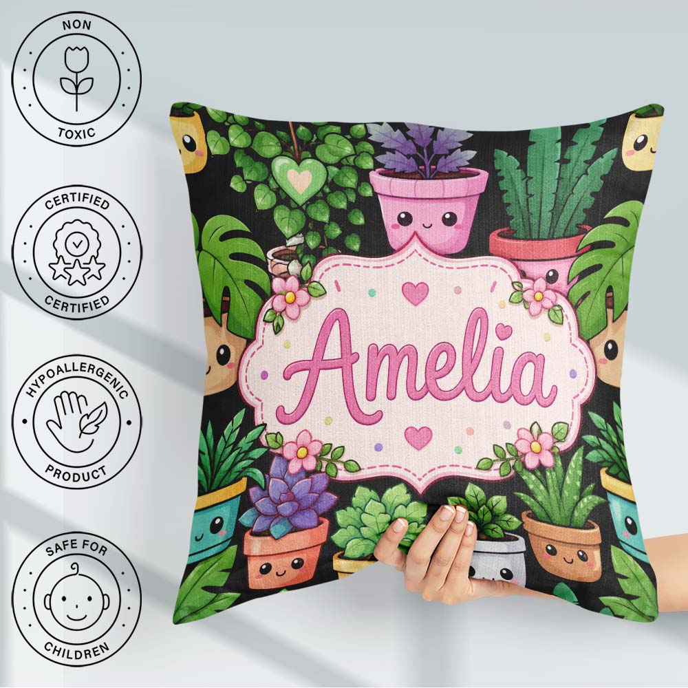 Custom Name Kawaii Assorted Indoor Smiling Pots Seamless Pattern Square Filled Cushion Throw Pillow Sofa Bed Home Decor Zip Washable UK Made