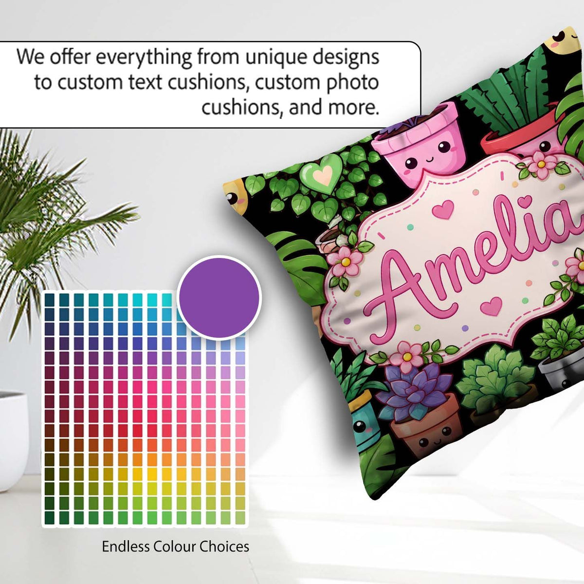 Custom Name Kawaii Assorted Indoor Smiling Pots Seamless Pattern Square Filled Cushion Throw Pillow Sofa Bed Home Decor Zip Washable UK Made