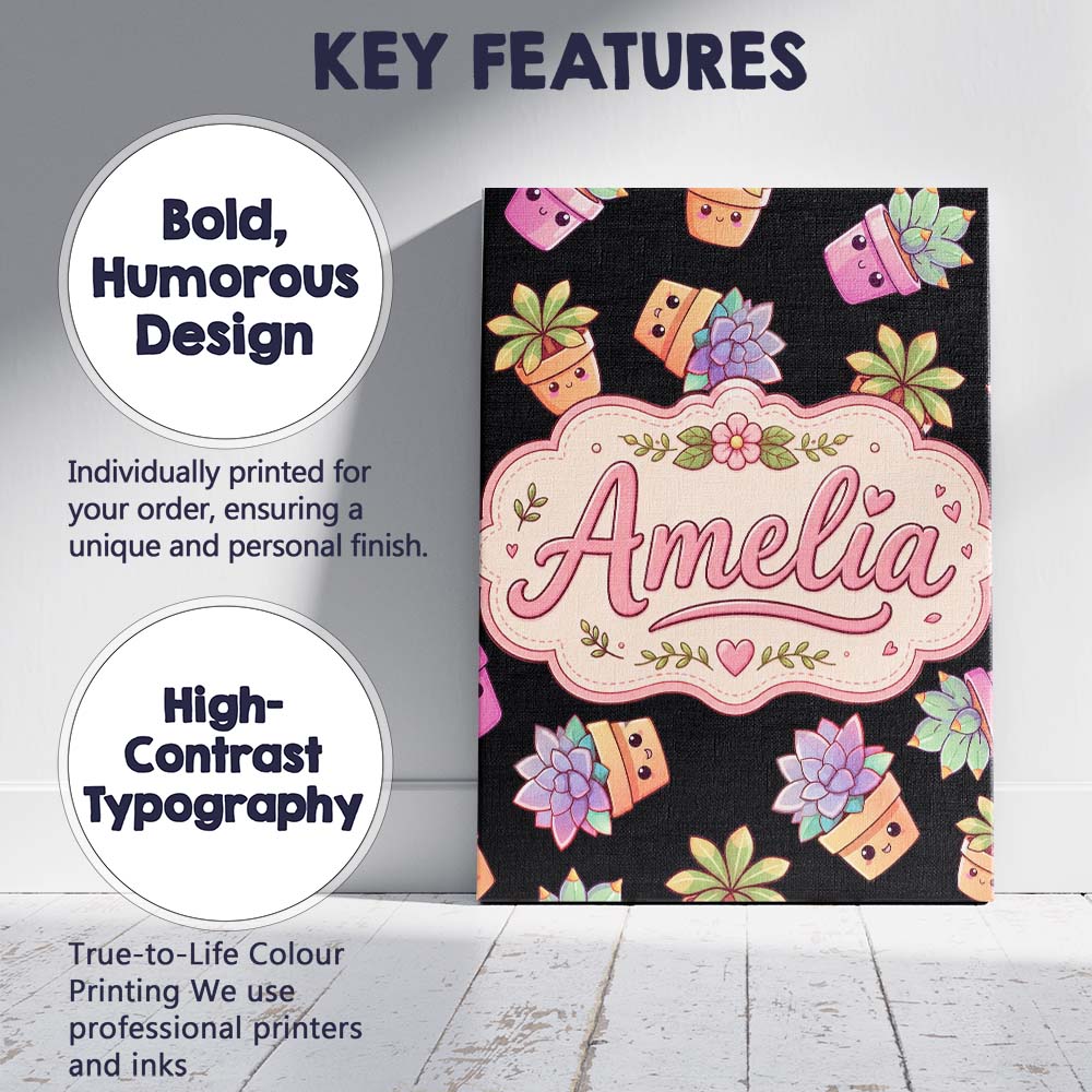 Personalised Name Cute Kawaii Succulent Custom  Modern Room Accent Elegant Feature Canvas Wall Art Print Decor Picture Ready to Hang