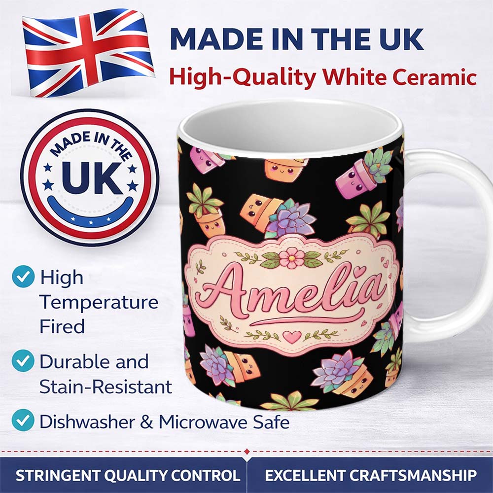 Personalized Custom Name Cute Kawaii Succulent Plants Cartoon Pots Seamless Pattern Name 11oz Ceramic Coffee Tea Mug White Large Handle