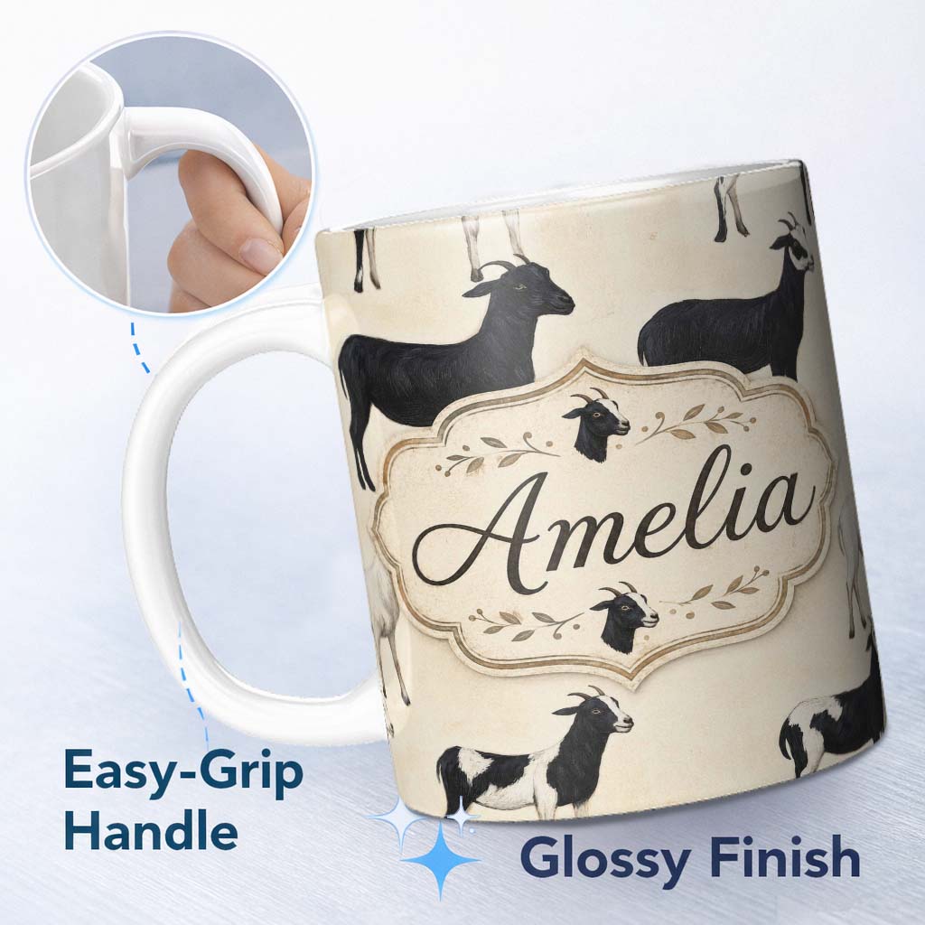 Personalized Custom Name Minimal Goat Farm Animal Illustration Soft Neutral Seamless Pattern 11oz Ceramic Coffee Tea Mug White Large Handle