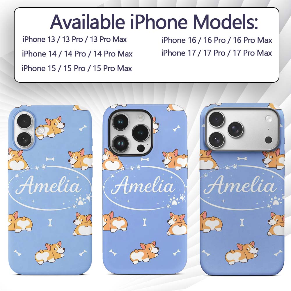 Cute Cartoon Corgi Dogs Bone Blue Background Custom Name Protective Phone Case Mobile Cover Durable Everyday Smartphone Shock Resistant