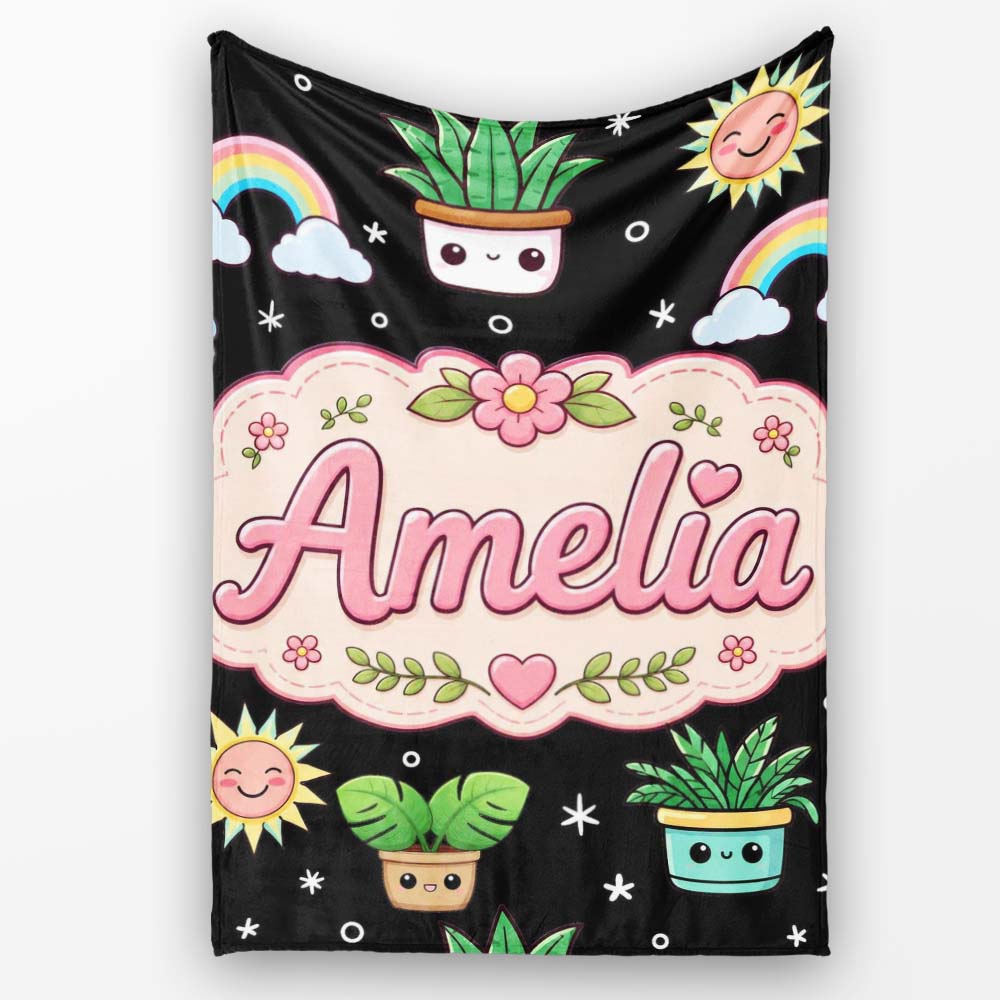 Cute Kawaii Tropical Plants Rainbow Sun Grey Seamless Pattern Name  Personalised Custom Name Super Soft Fleece Blanket Bed Sofa Throw