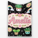 Cute Kawaii Tropical Plants Rainbow Sun Grey Seamless Pattern Name  Personalised Custom Name Super Soft Fleece Blanket Bed Sofa Throw