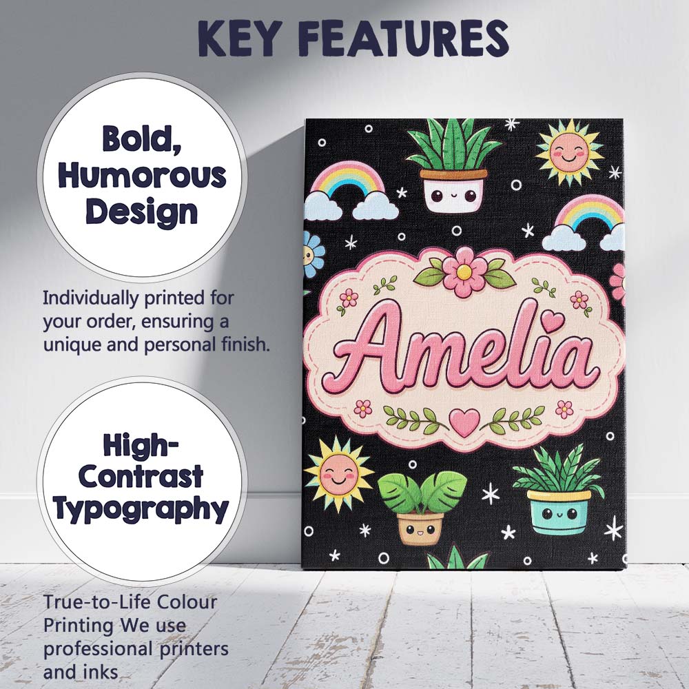 Personalised Name Cute Kawaii Tropical Custom  Modern Room Accent Elegant Feature Canvas Wall Art Print Decor Picture Ready to Hang