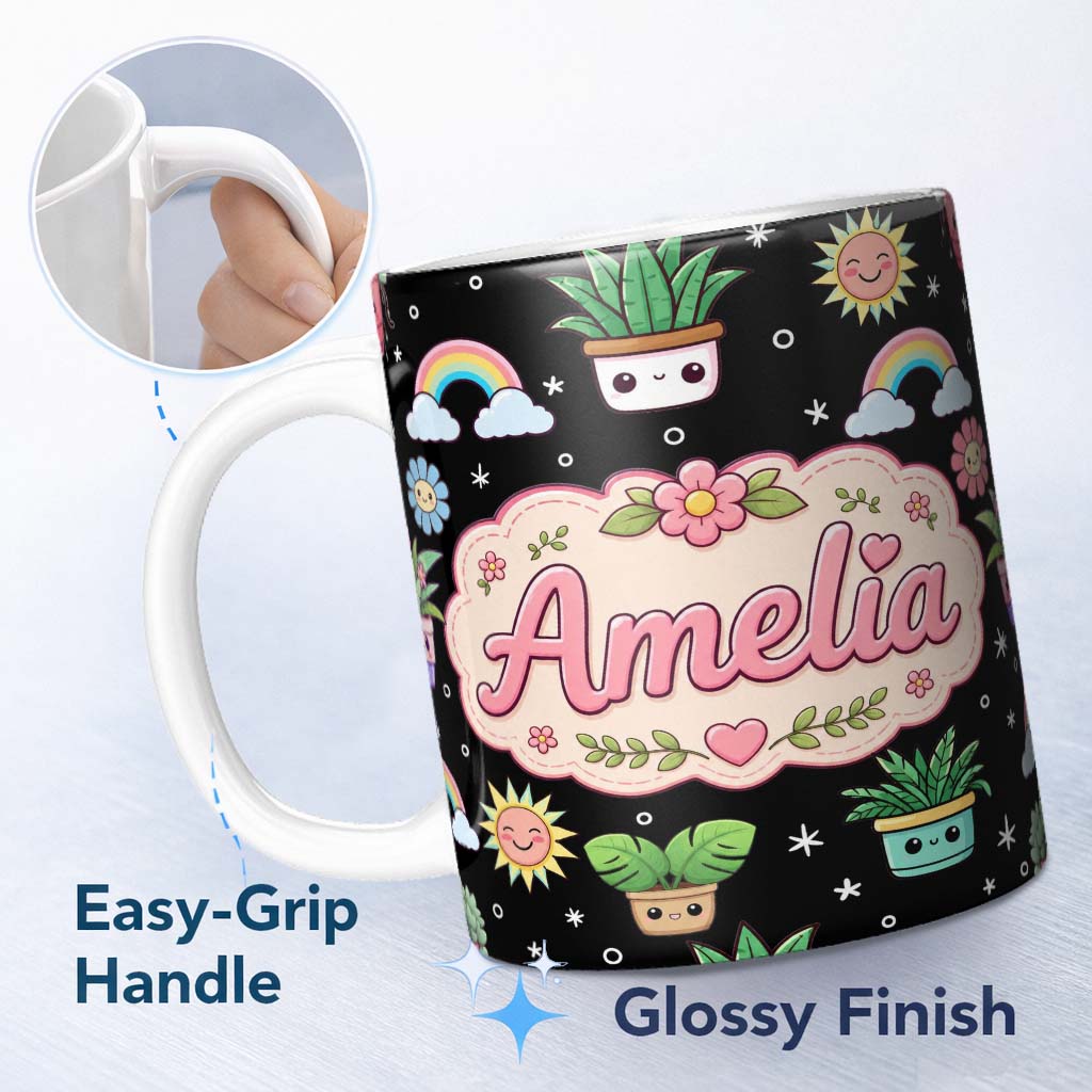 Personalized Custom Name Cute Kawaii Tropical Plants Rainbow Sun Grey Seamless Pattern Name 11oz Ceramic Coffee Tea Mug White Large Handle