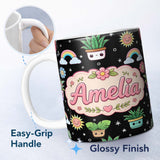 Personalized Custom Name Cute Kawaii Tropical Plants Rainbow Sun Grey Seamless Pattern Name 11oz Ceramic Coffee Tea Mug White Large Handle