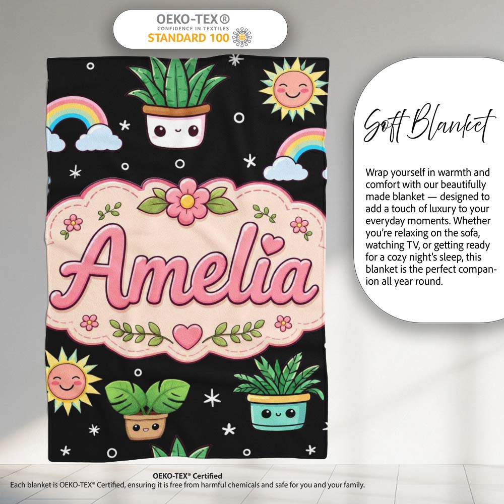 Cute Kawaii Tropical Plants Rainbow Sun Grey Seamless Pattern Name  Personalised Custom Name Super Soft Fleece Blanket Bed Sofa Throw