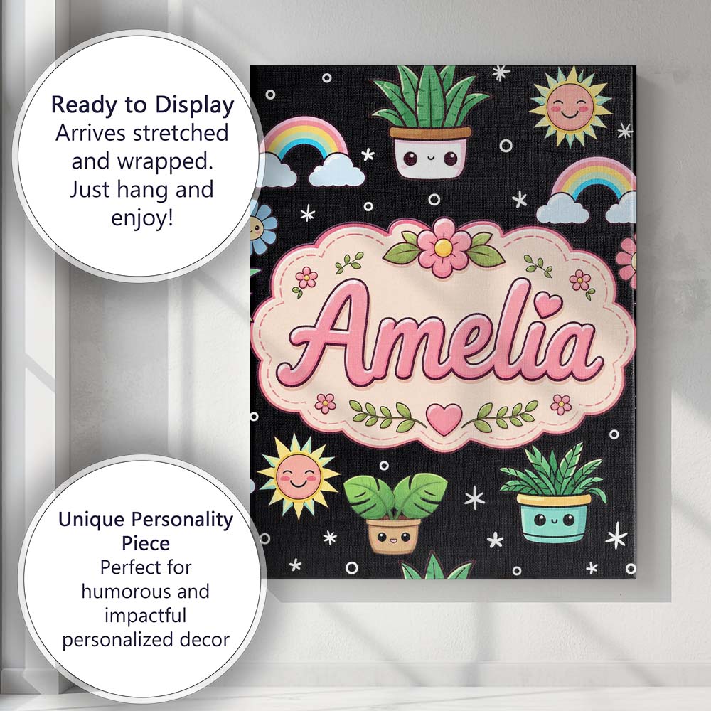Personalised Name Cute Kawaii Tropical Custom  Modern Room Accent Elegant Feature Canvas Wall Art Print Decor Picture Ready to Hang