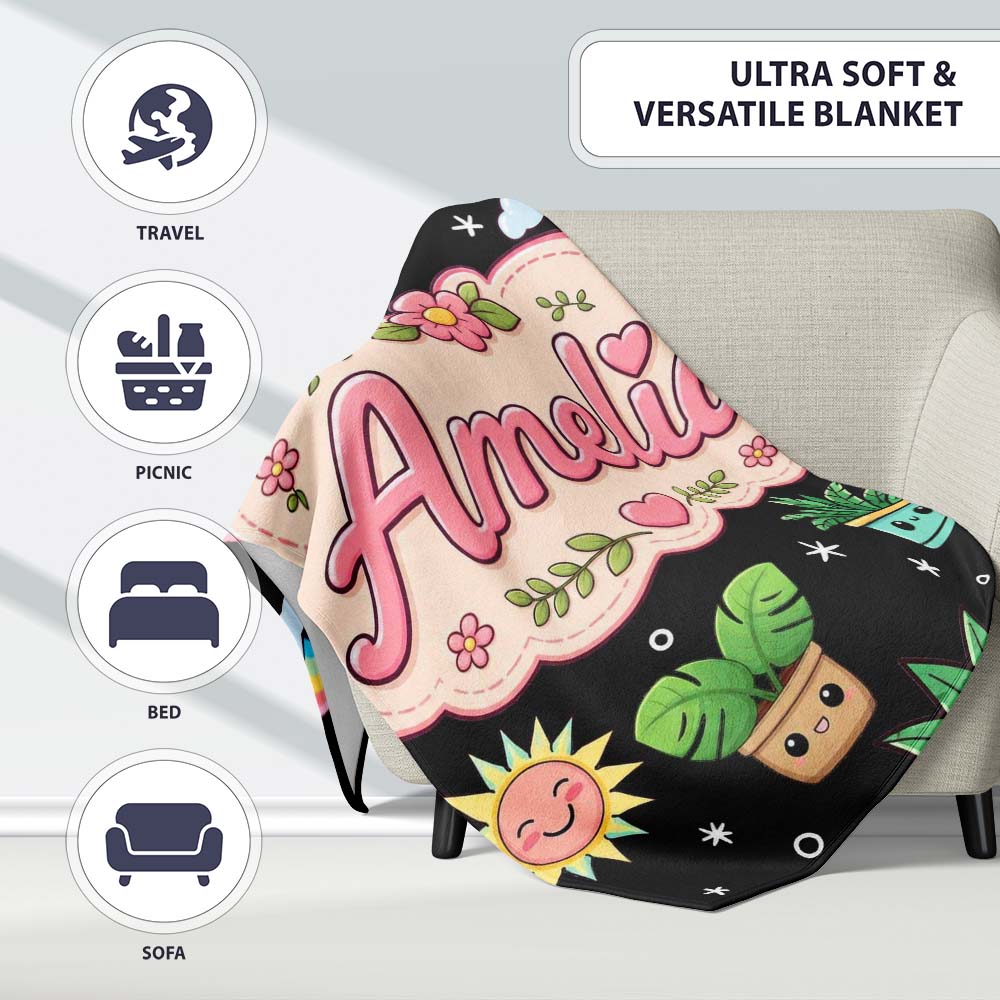 Cute Kawaii Tropical Plants Rainbow Sun Grey Seamless Pattern Name  Personalised Custom Name Super Soft Fleece Blanket Bed Sofa Throw