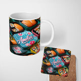 Personalized Custom Name Colorful Sushi Bento Boxes with Salmon and Rolls Pattern Food Theme 11oz Ceramic Coffee Tea Mug White Large Handle