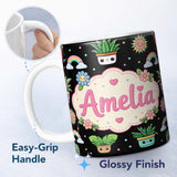 Personalized Custom Name Cute Kawaii Tropical Plants Rainbow Sun Grey Seamless Pattern Name 11oz Ceramic Coffee Tea Mug White Large Handle