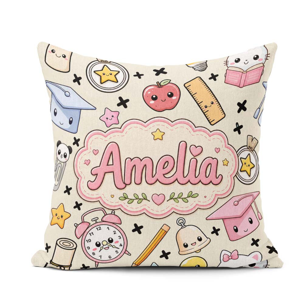 Custom Name Kawaii School Supplies Cat Books Apple Seamless Name Square Filled Cushion Throw Pillow Sofa Bed Home Decor Zip Washable UK Made