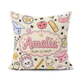 Custom Name Kawaii School Supplies Cat Books Apple Seamless Name Square Filled Cushion Throw Pillow Sofa Bed Home Decor Zip Washable UK Made