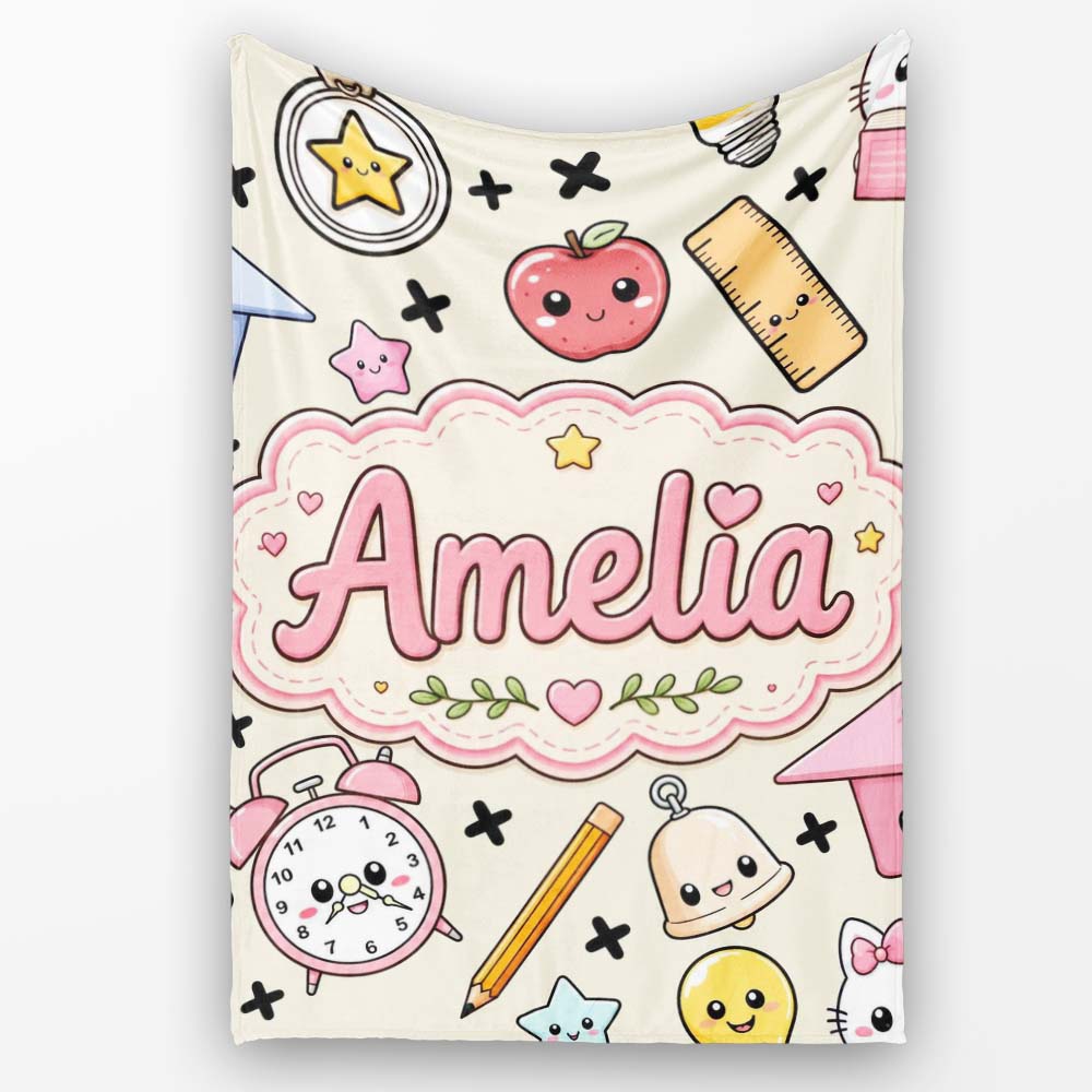 Cute Kawaii School Supplies Cat Books Apple Seamless Pattern Name  Personalised Custom Name Super Soft Fleece Blanket Bed Sofa Throw