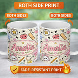 Personalized Custom Name Cute Kawaii School Supplies Cat Books Apple Seamless Pattern Name 11oz Ceramic Coffee Tea Mug White Large Handle