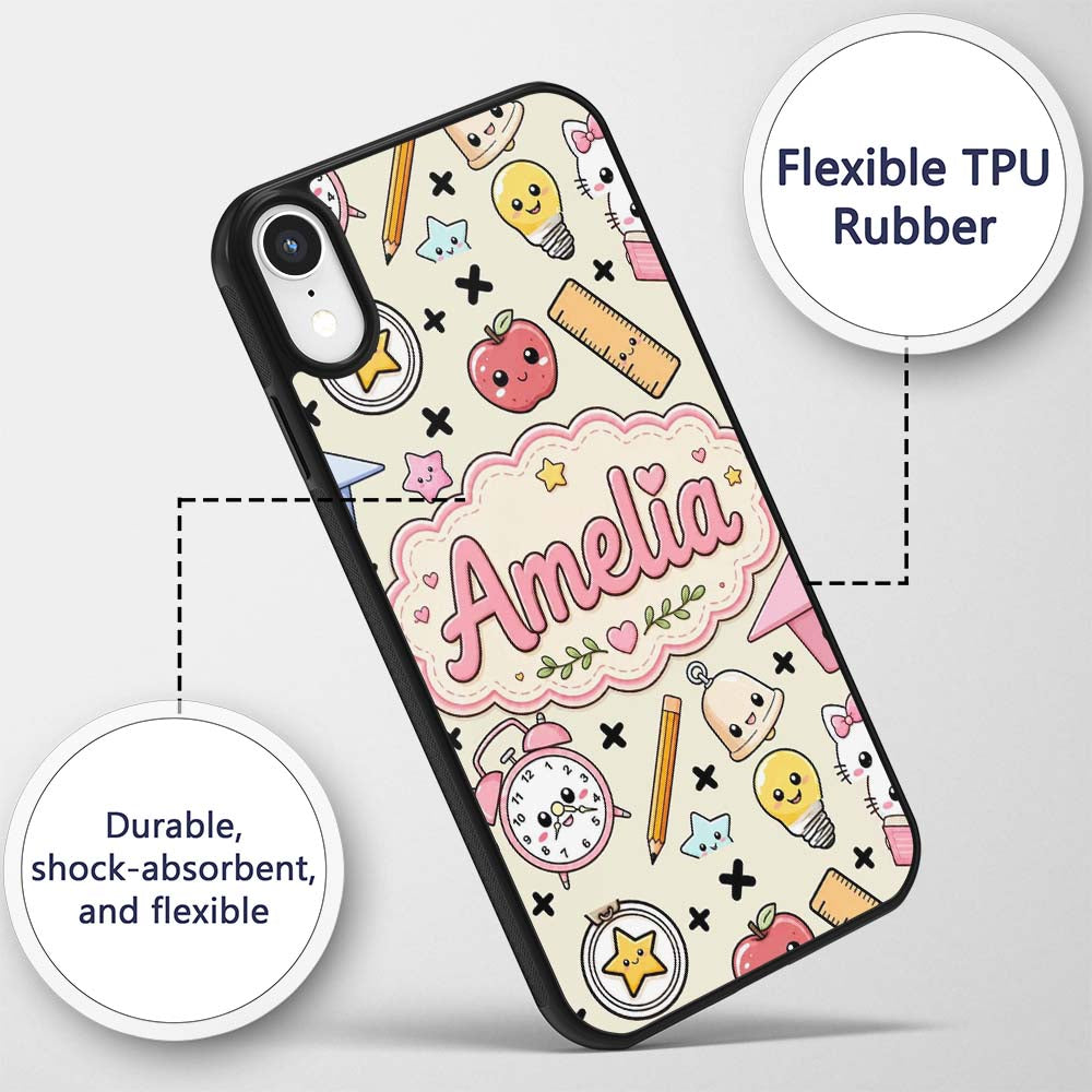 Cute Kawaii School Supplies Cat Printed Design Custom Name Protective Phone Case Mobile Cover Durable Everyday Smartphone Shock Resistant