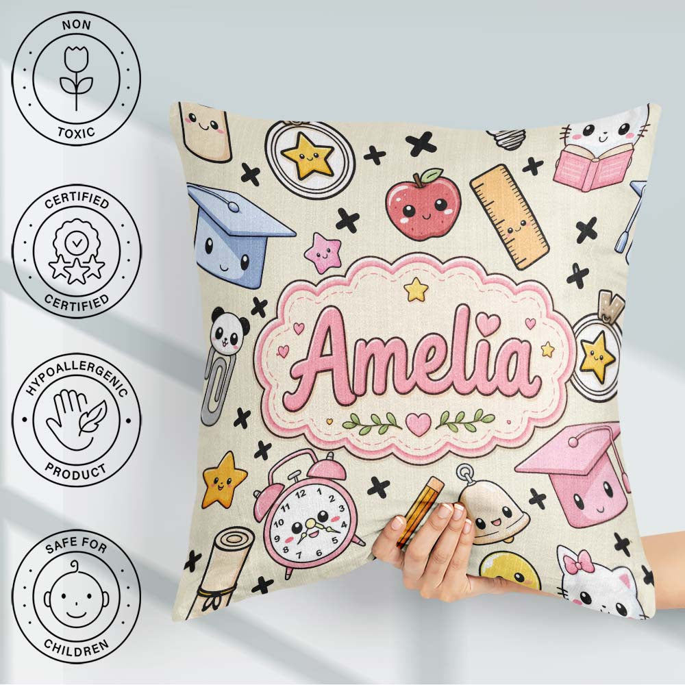 Custom Name Kawaii School Supplies Cat Books Apple Seamless Name Square Filled Cushion Throw Pillow Sofa Bed Home Decor Zip Washable UK Made