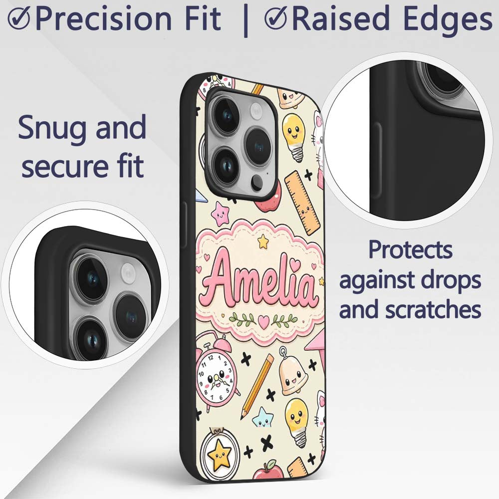 Cute Kawaii School Supplies Cat Printed Design Custom Name Protective Phone Case Mobile Cover Durable Everyday Smartphone Shock Resistant