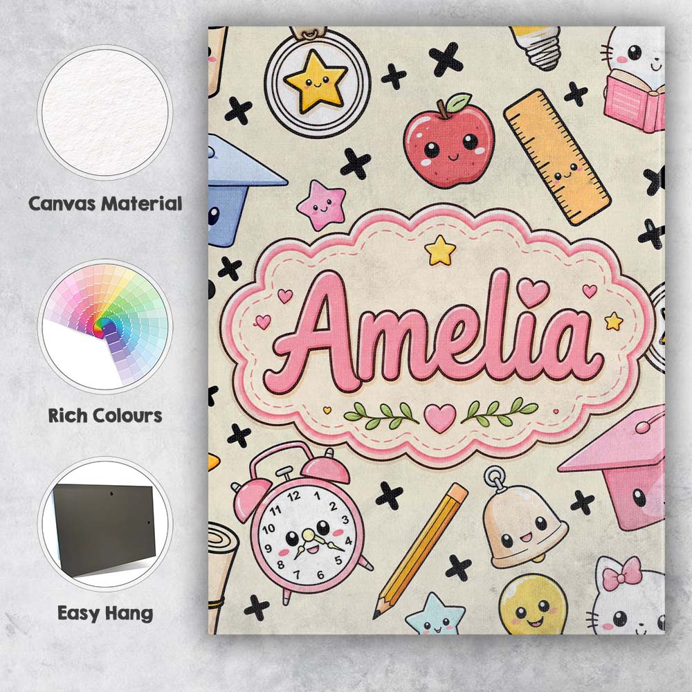 Personalised Name Cute Kawaii School Custom Premium Decorative Design Modern Room Accent Canvas Wall Art Print Decor Picture Ready to Hang
