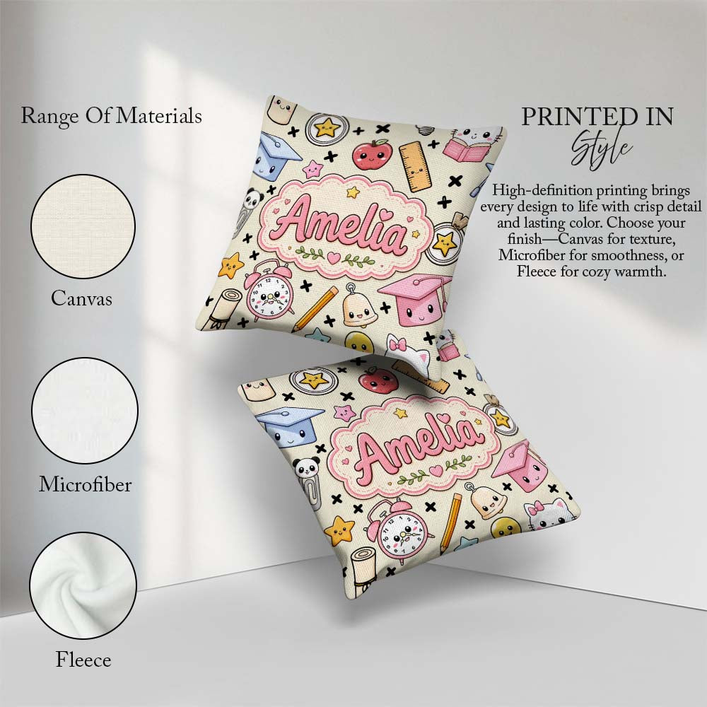 Custom Name Kawaii School Supplies Cat Books Apple Seamless Name Square Filled Cushion Throw Pillow Sofa Bed Home Decor Zip Washable UK Made