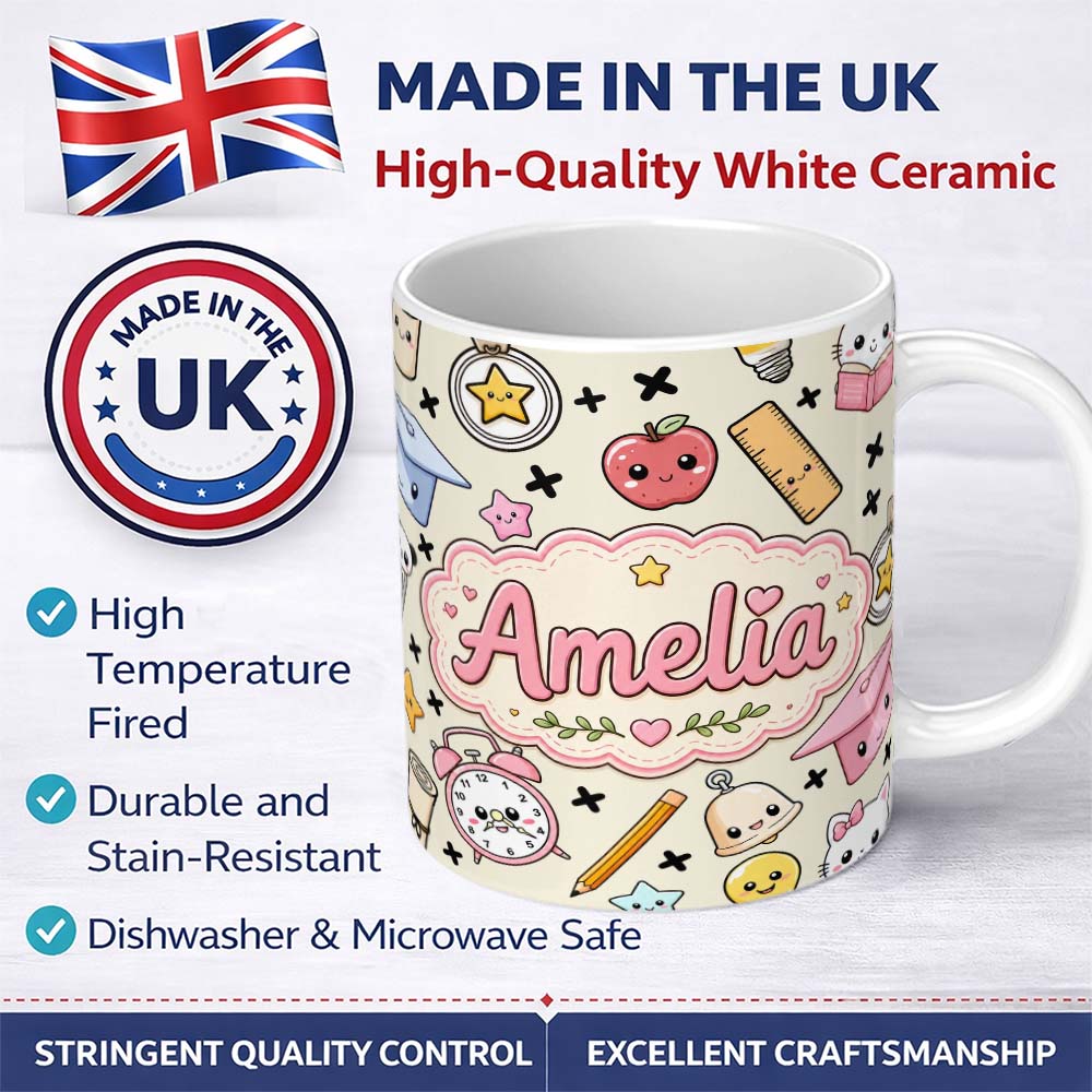 Personalized Custom Name Cute Kawaii School Supplies Cat Books Apple Seamless Pattern Name 11oz Ceramic Coffee Tea Mug White Large Handle