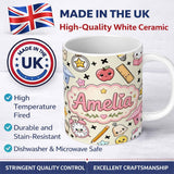 Personalized Custom Name Cute Kawaii School Supplies Cat Books Apple Seamless Pattern Name 11oz Ceramic Coffee Tea Mug White Large Handle