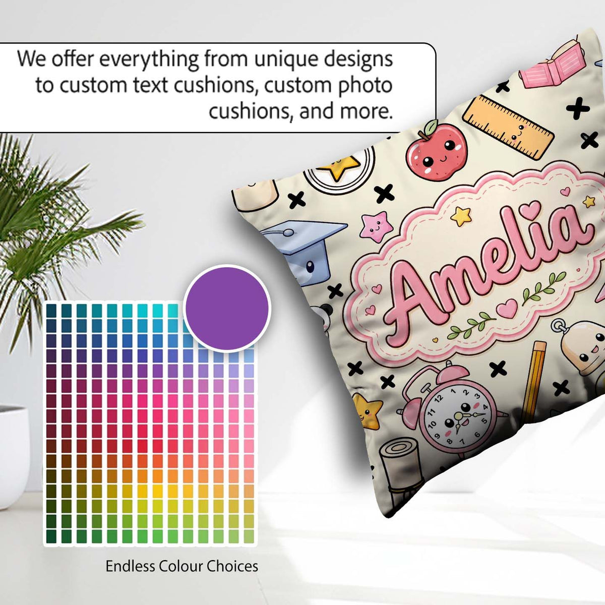 Custom Name Kawaii School Supplies Cat Books Apple Seamless Name Square Filled Cushion Throw Pillow Sofa Bed Home Decor Zip Washable UK Made