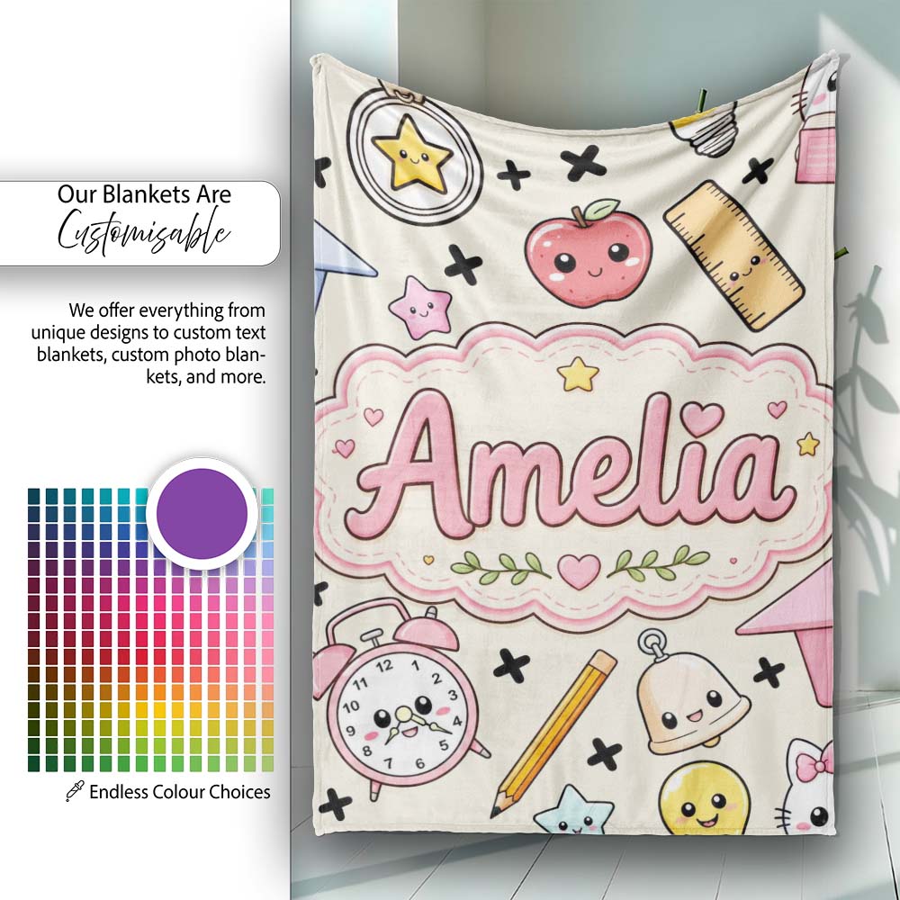 Cute Kawaii School Supplies Cat Books Apple Seamless Pattern Name  Personalised Custom Name Super Soft Fleece Blanket Bed Sofa Throw