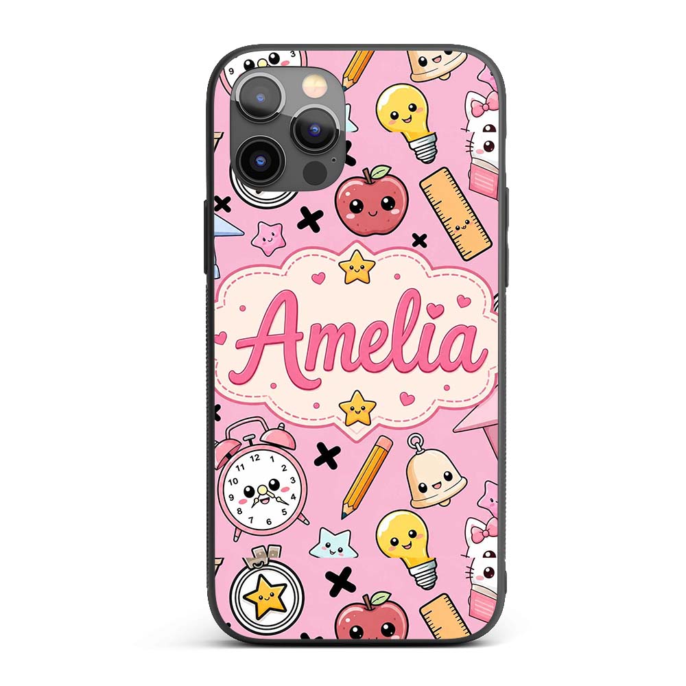 Cute Kawaii School Supplies Pink Printed Design Custom Name Protective Phone Case Mobile Cover Durable Everyday Smartphone Shock Resistant