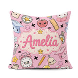 Custom Name Kawaii School Supplies Pink Background Seamless Name Square Filled Cushion Throw Pillow Sofa Bed Home Decor Zip Washable UK Made