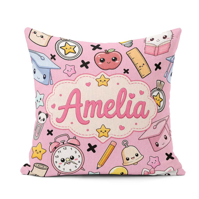 Custom Name Kawaii School Supplies Pink Background Seamless Name Square Filled Cushion Throw Pillow Sofa Bed Home Decor Zip Washable UK Made
