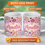 Personalized Custom Name Cute Kawaii School Supplies Pink Background Seamless Pattern Name 11oz Ceramic Coffee Tea Mug White Large Handle
