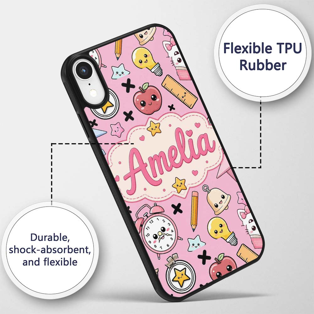 Cute Kawaii School Supplies Pink Printed Design Custom Name Protective Phone Case Mobile Cover Durable Everyday Smartphone Shock Resistant