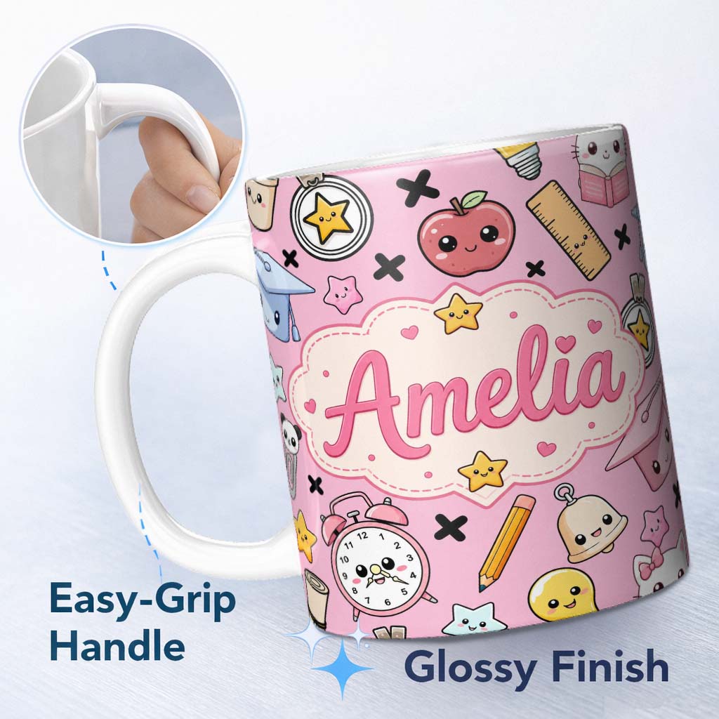 Personalized Custom Name Cute Kawaii School Supplies Pink Background Seamless Pattern Name 11oz Ceramic Coffee Tea Mug White Large Handle