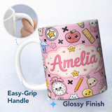 Personalized Custom Name Cute Kawaii School Supplies Pink Background Seamless Pattern Name 11oz Ceramic Coffee Tea Mug White Large Handle