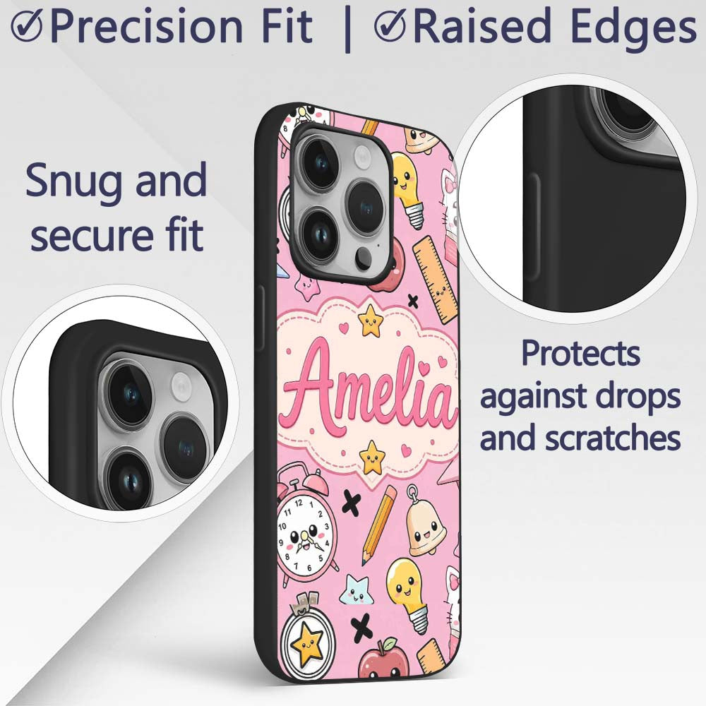Cute Kawaii School Supplies Pink Printed Design Custom Name Protective Phone Case Mobile Cover Durable Everyday Smartphone Shock Resistant