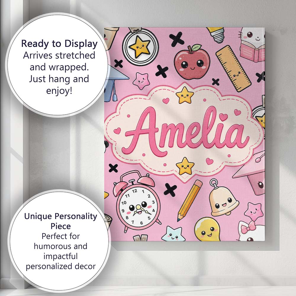 Personalised Name Cute Kawaii School Custom Premium Decorative Design Modern Room Accent Canvas Wall Art Print Decor Picture Ready to Hang
