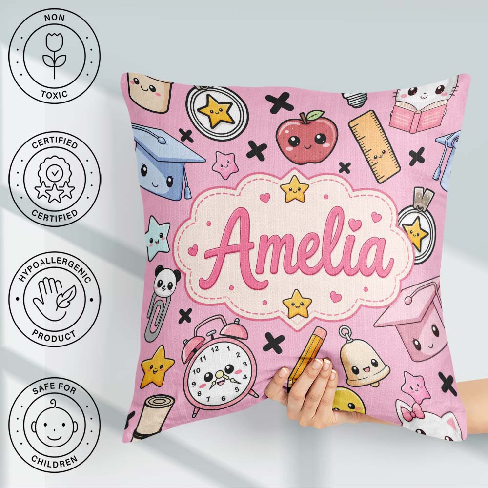 Custom Name Kawaii School Supplies Pink Background Seamless Name Square Filled Cushion Throw Pillow Sofa Bed Home Decor Zip Washable UK Made
