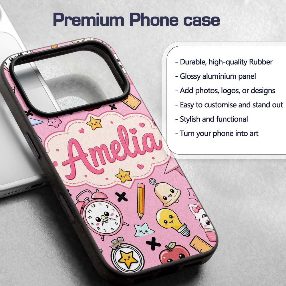 Cute Kawaii School Supplies Pink Printed Design Custom Name Protective Phone Case Mobile Cover Durable Everyday Smartphone Shock Resistant