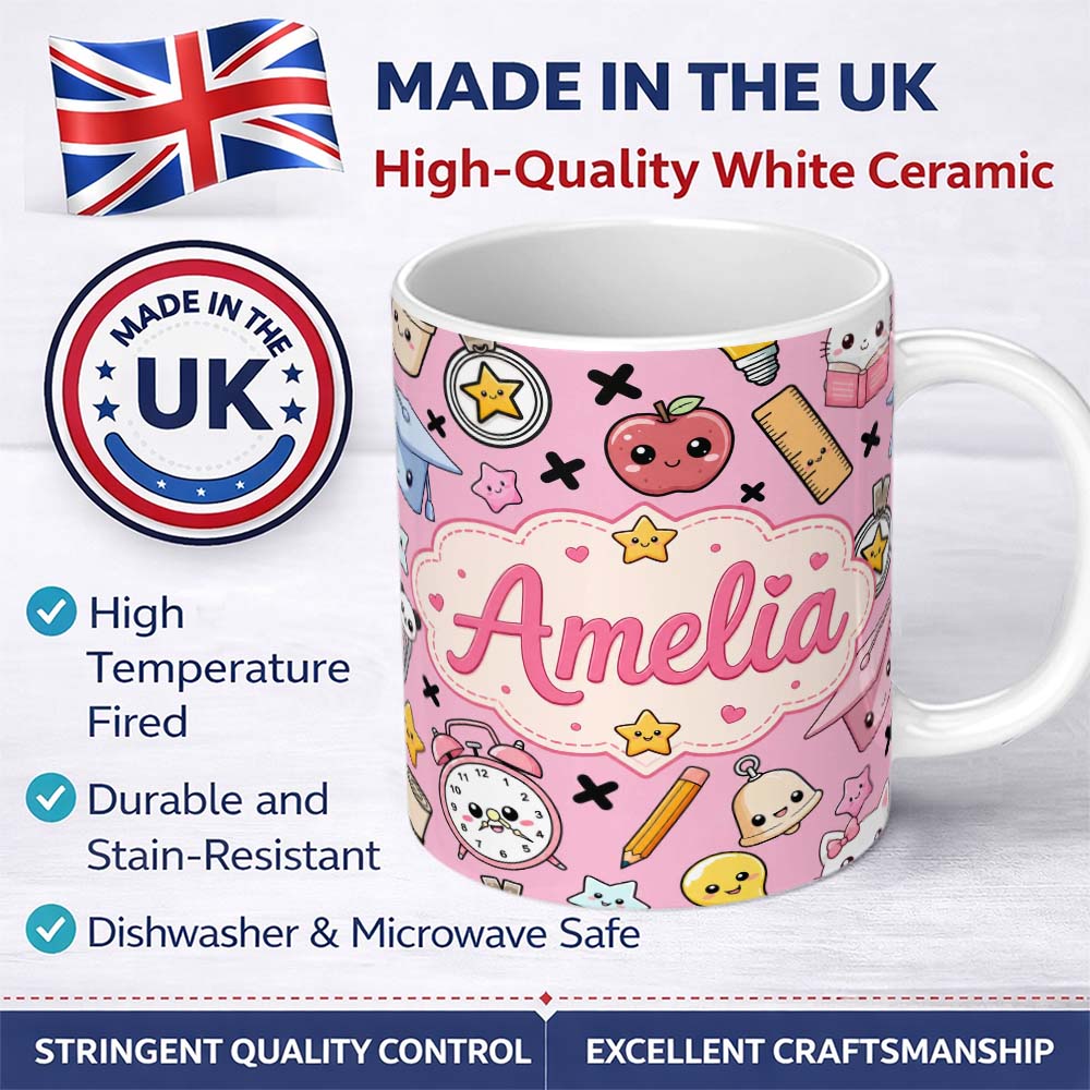 Personalized Custom Name Cute Kawaii School Supplies Pink Background Seamless Pattern Name 11oz Ceramic Coffee Tea Mug White Large Handle