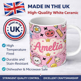 Personalized Custom Name Cute Kawaii School Supplies Pink Background Seamless Pattern Name 11oz Ceramic Coffee Tea Mug White Large Handle