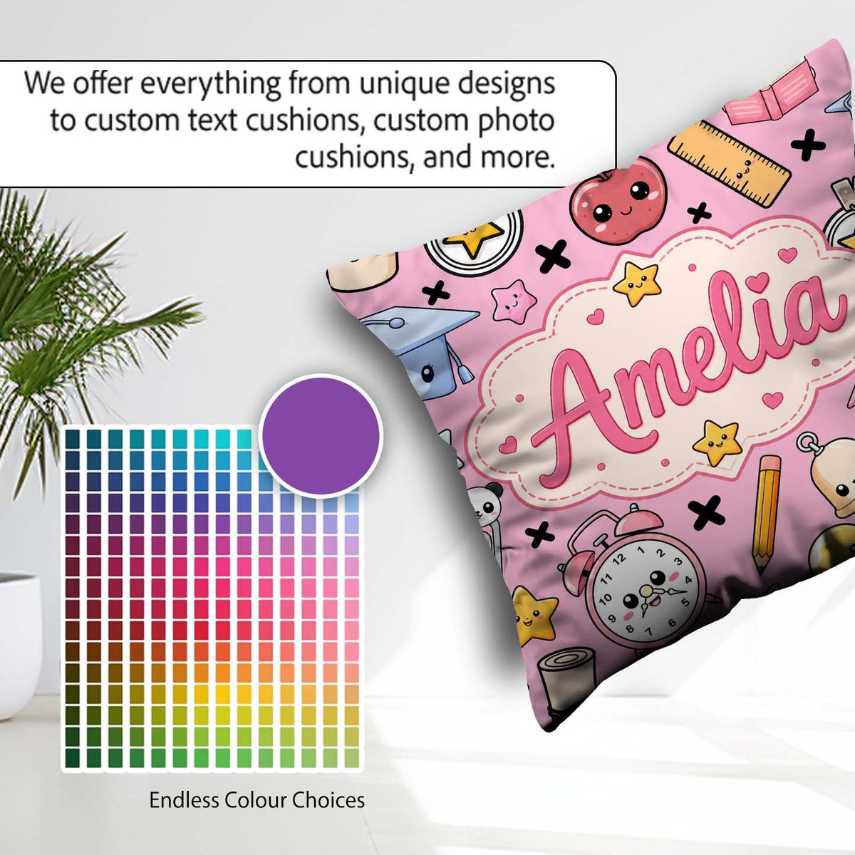 Custom Name Kawaii School Supplies Pink Background Seamless Name Square Filled Cushion Throw Pillow Sofa Bed Home Decor Zip Washable UK Made